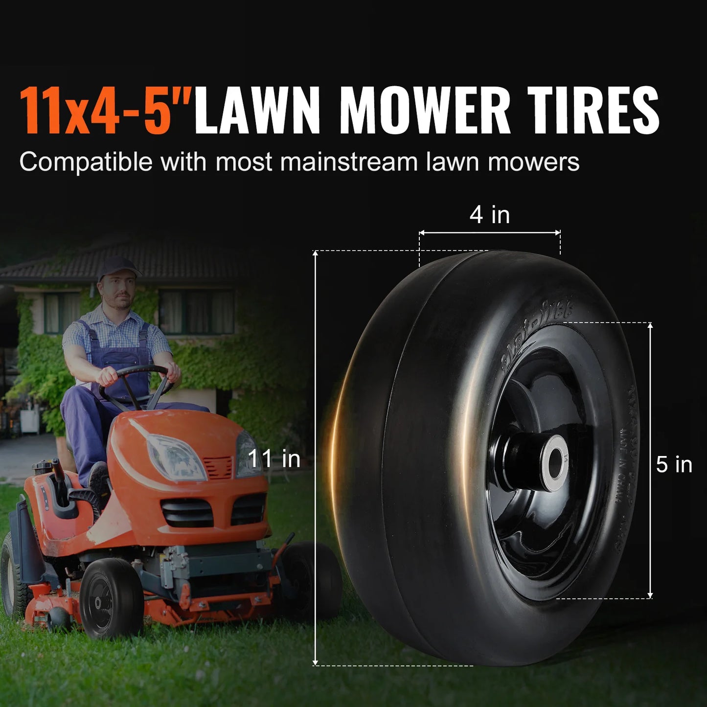 Tubeless Mower Wheels, Pair of Flat-Free PU Tires on Rims 3.4" Hub 3/4" Bushing Suitable for Riding Mower & Lawn Tractor