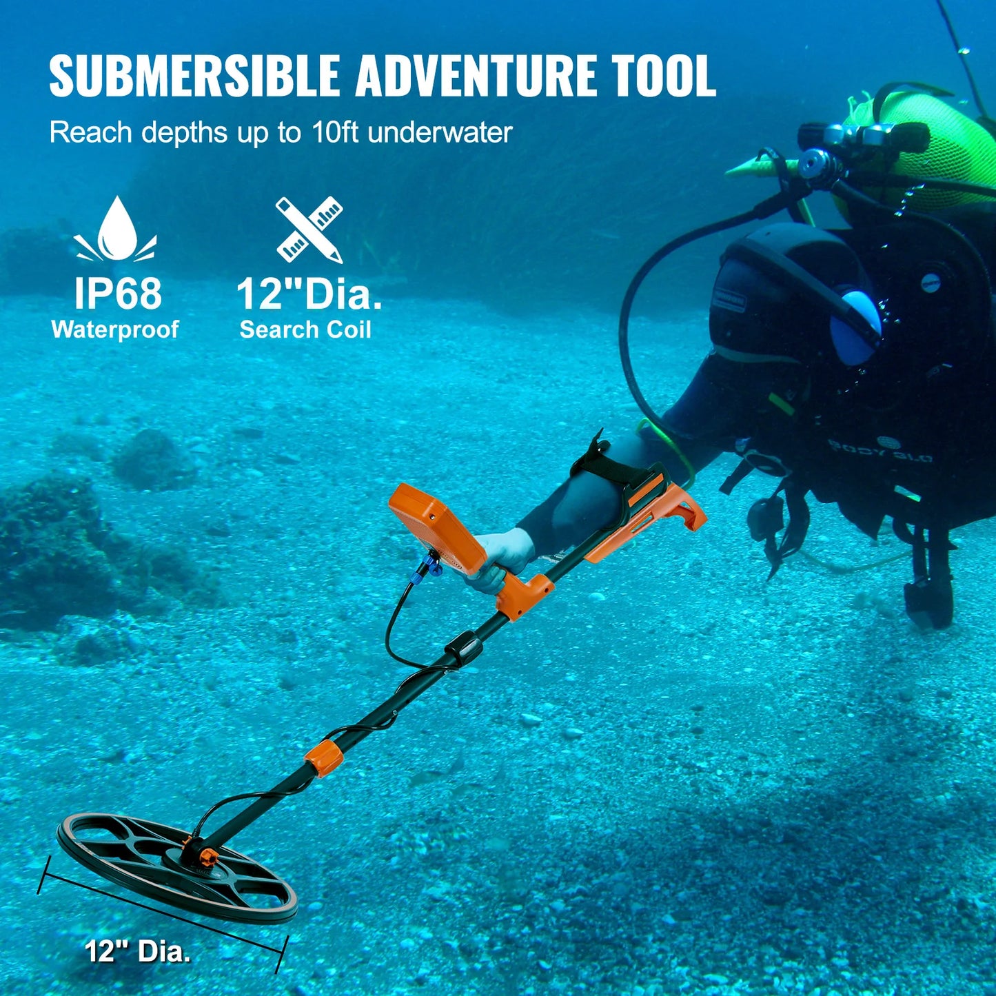 Professional Rechargeable Metal Detector 12" IP68 Waterproof Coil 39-50 in Adjustable + LCD 7Modes for Treasure Hunting