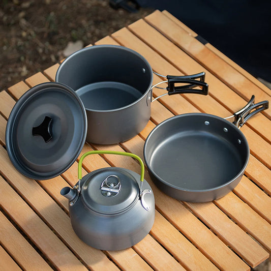 3PCS Camping Cookware Set; Pot, Pan, Kettle Set. Portable Cooker Set with Mesh Bag for Camping Backpacking Outdoor Picnic