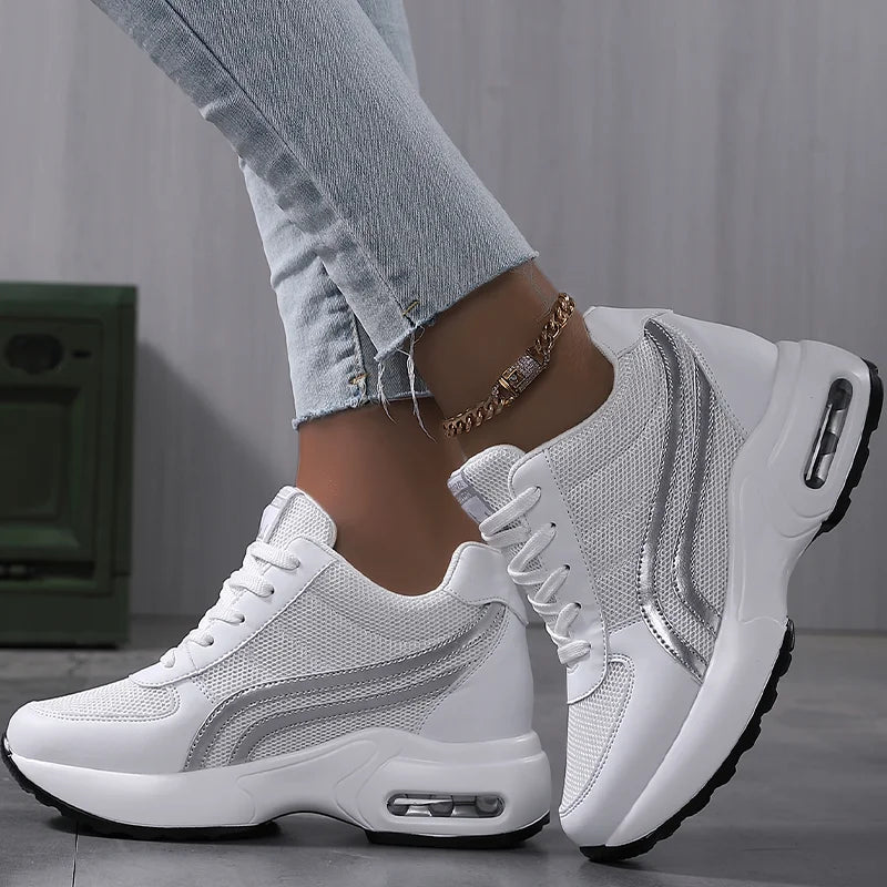 Women Air Cushion Sneakers Mesh White, Elevator