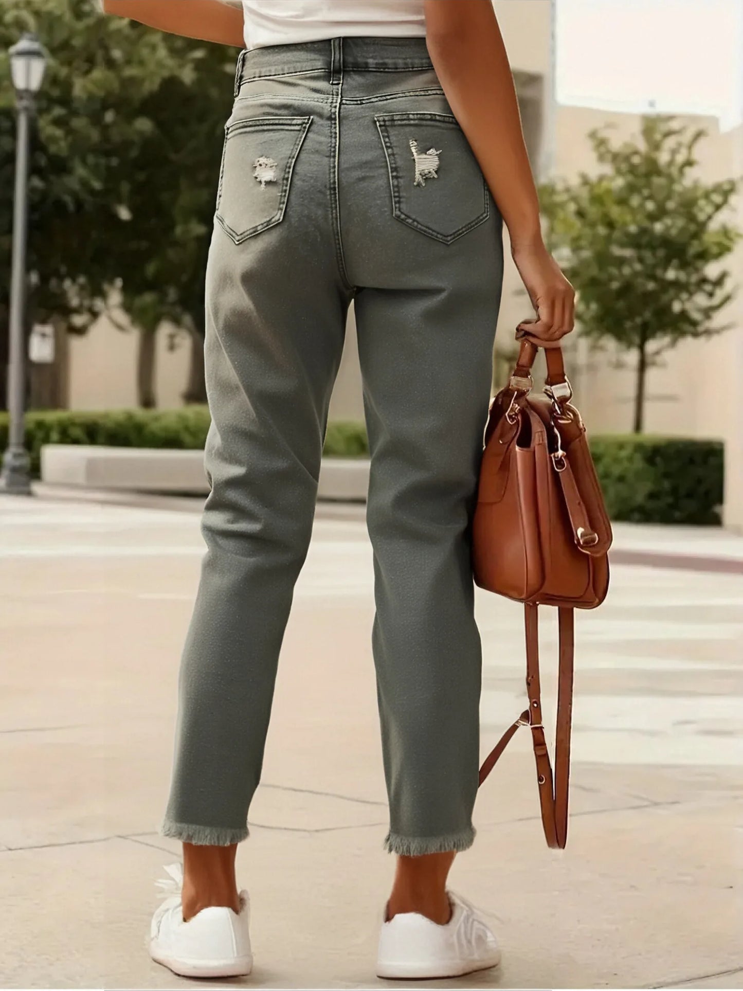 Women's Olive Green Distressed  Jeans - Casual Ripped Style
