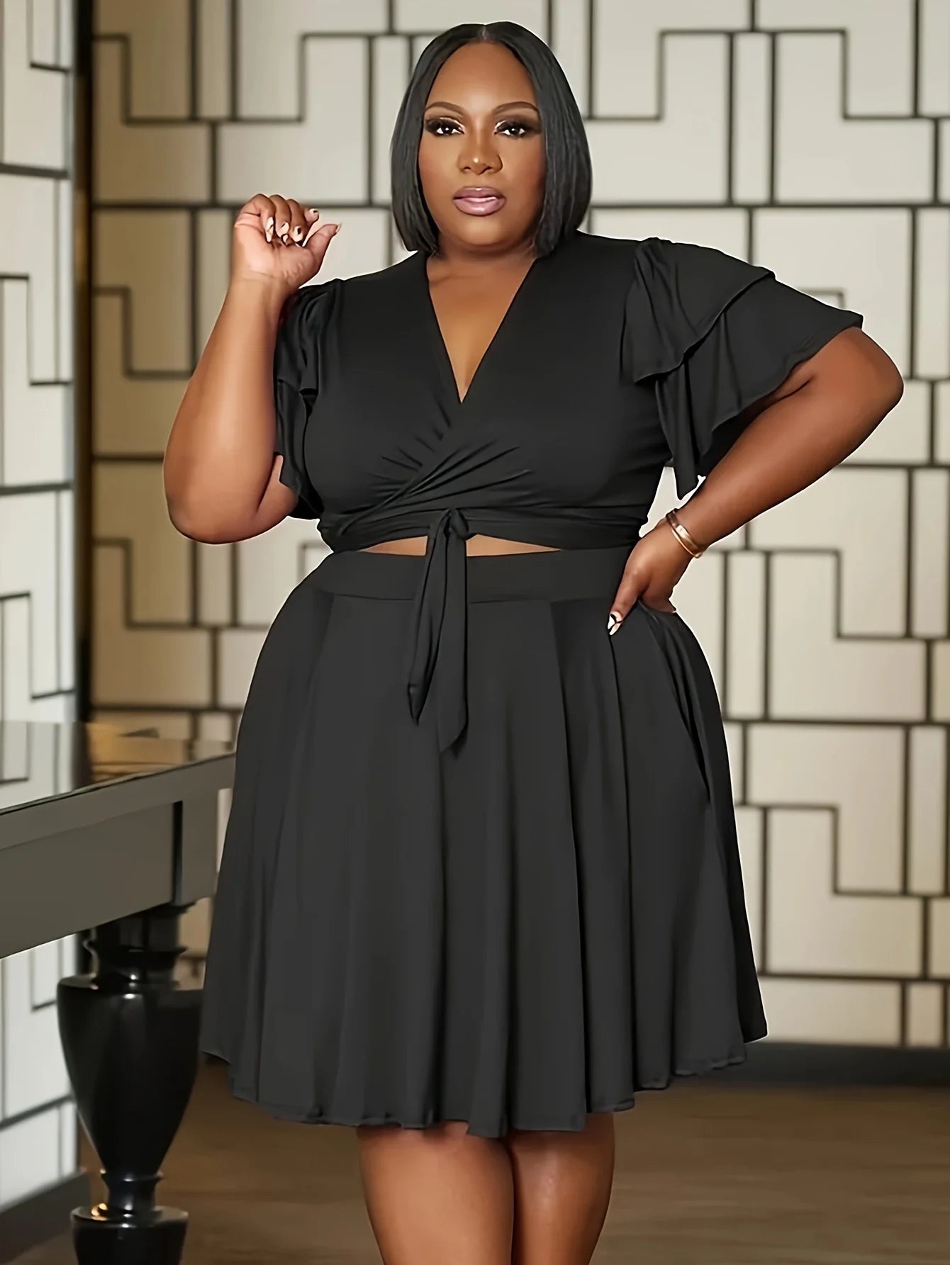 Women's Dress,  Lotus Leaf Edge Sleeves with Front Tie V-neck, Two-piece Set