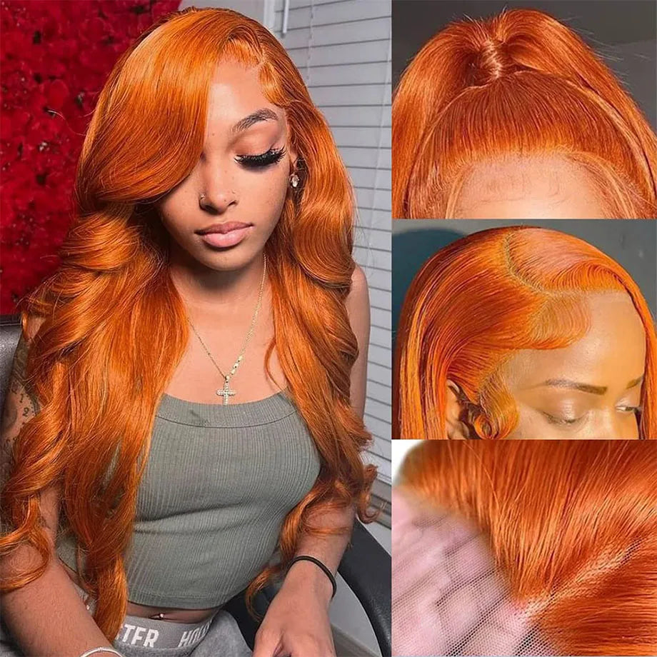 Orange Ginger Lace Front Wig, Human Hair Body Wave 13x6 HD Lace Frontal Wig Colored Brazilian Hair, Transparent Lace Wig