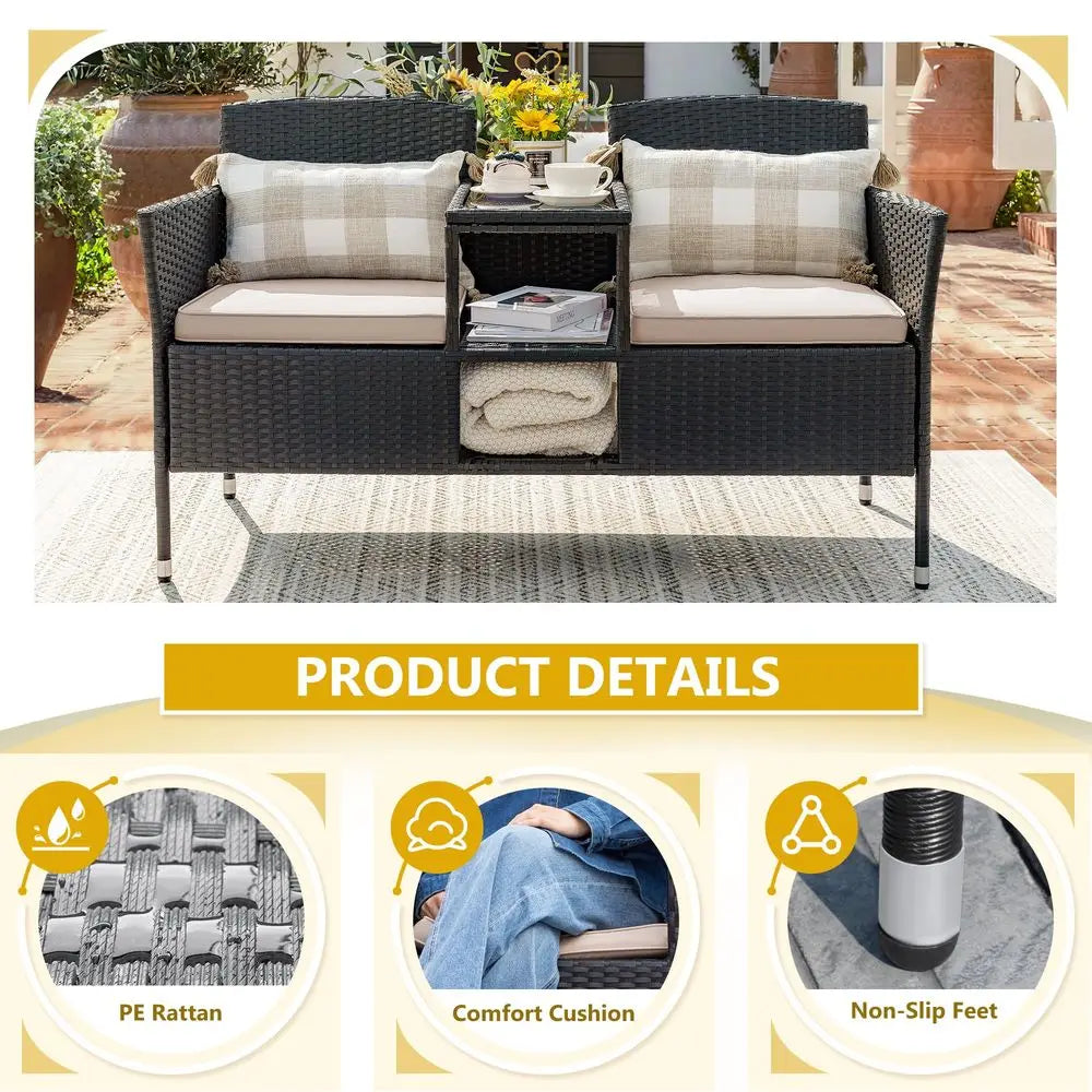 Outdoor Patio Loveseat, Modern Rattan 2Seat Patio Set with Cushions, Coffee Table