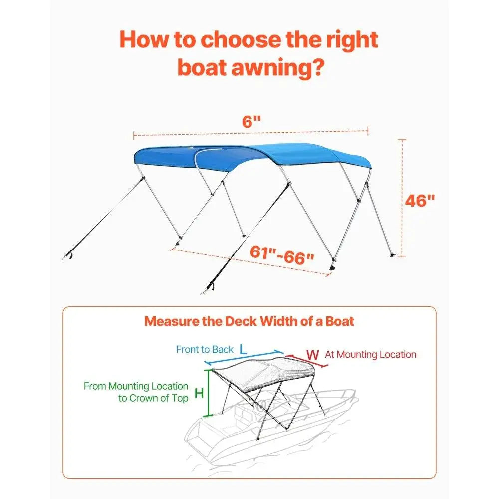 Bimini Top Boat Canopy 6FT x 61 to 66IN x 46IN Blue Waterproof Sunshade Awning