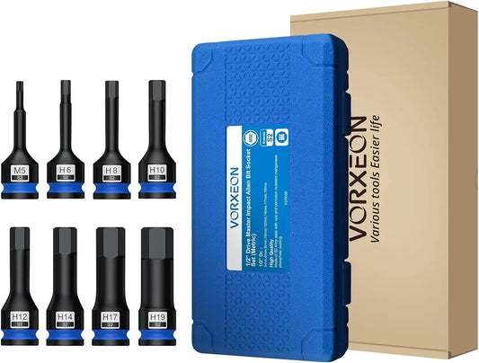 8 Pcs 1/2" Drive Metric Impact Allen Hex Socket Set, Alloy Steel One-piece forged With Storage Case 5 mm - 19 mm