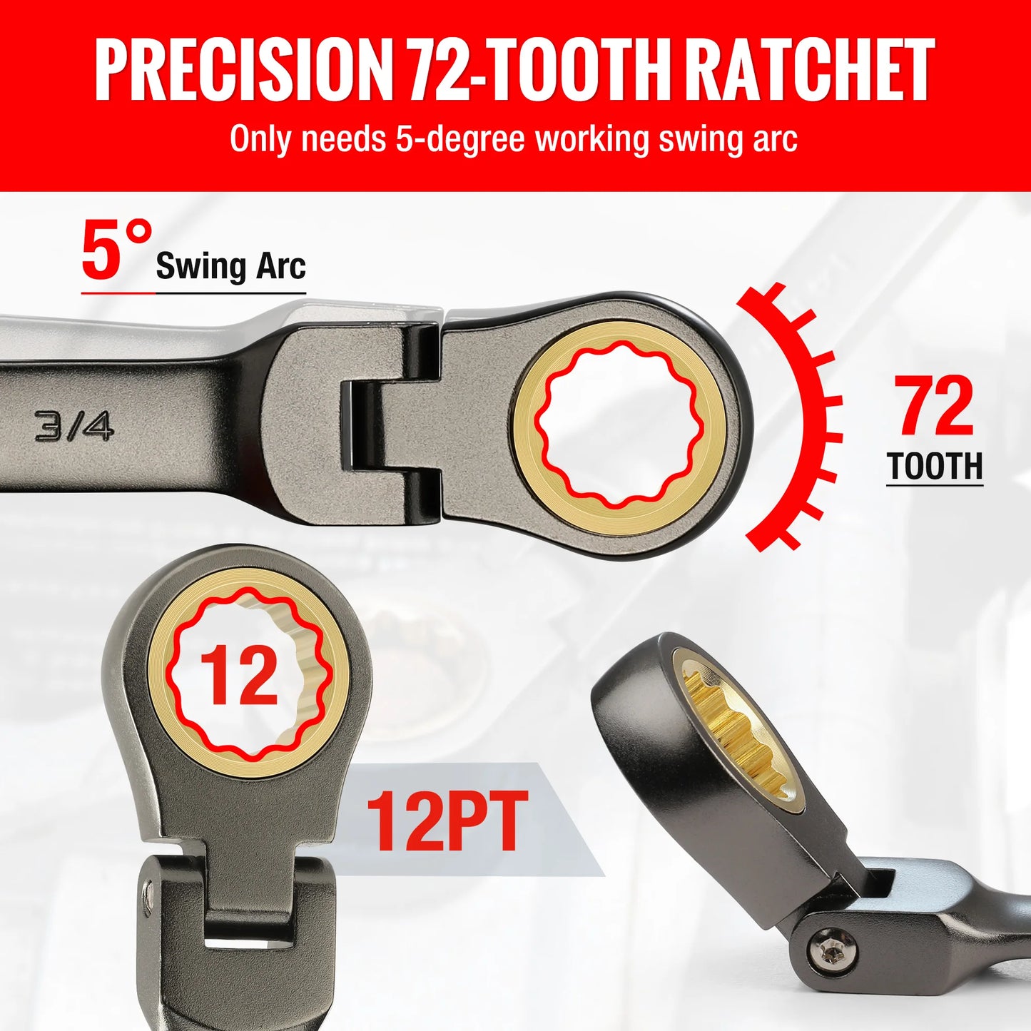 WORKPRO 8pcs Flex-Head Ratcheting Combination Wrench Set SAE 5/16-3/4 in 72-Teeth CR-V Constructed