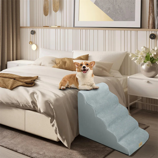 Dog Ramp Step Stairs 5 Step Pet Stairs for High Beds and Sofa, High-Density Sponge Foam with Removable Washable Cover