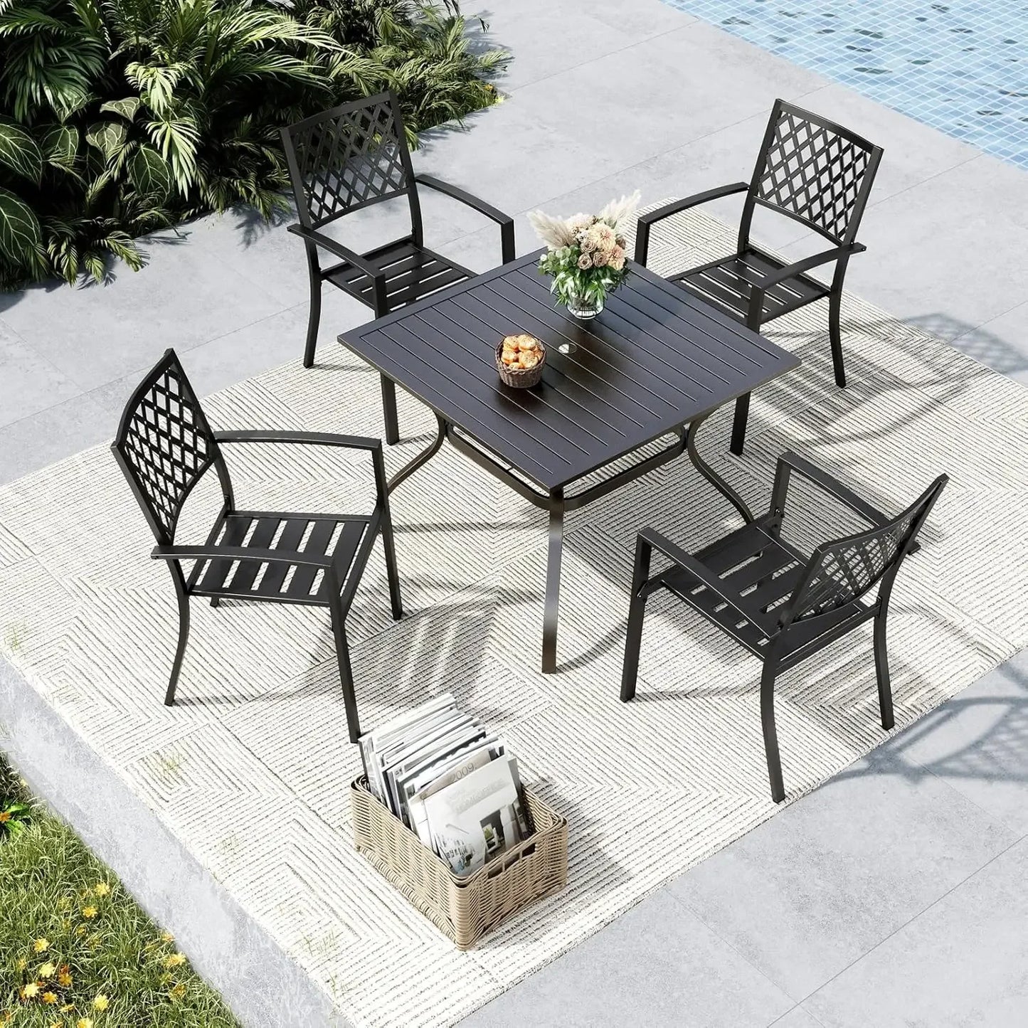 Outdoor Dining Set for 4, Patio Table and Chairs Set with Umbrella Hole, Metal Patio Furniture Set