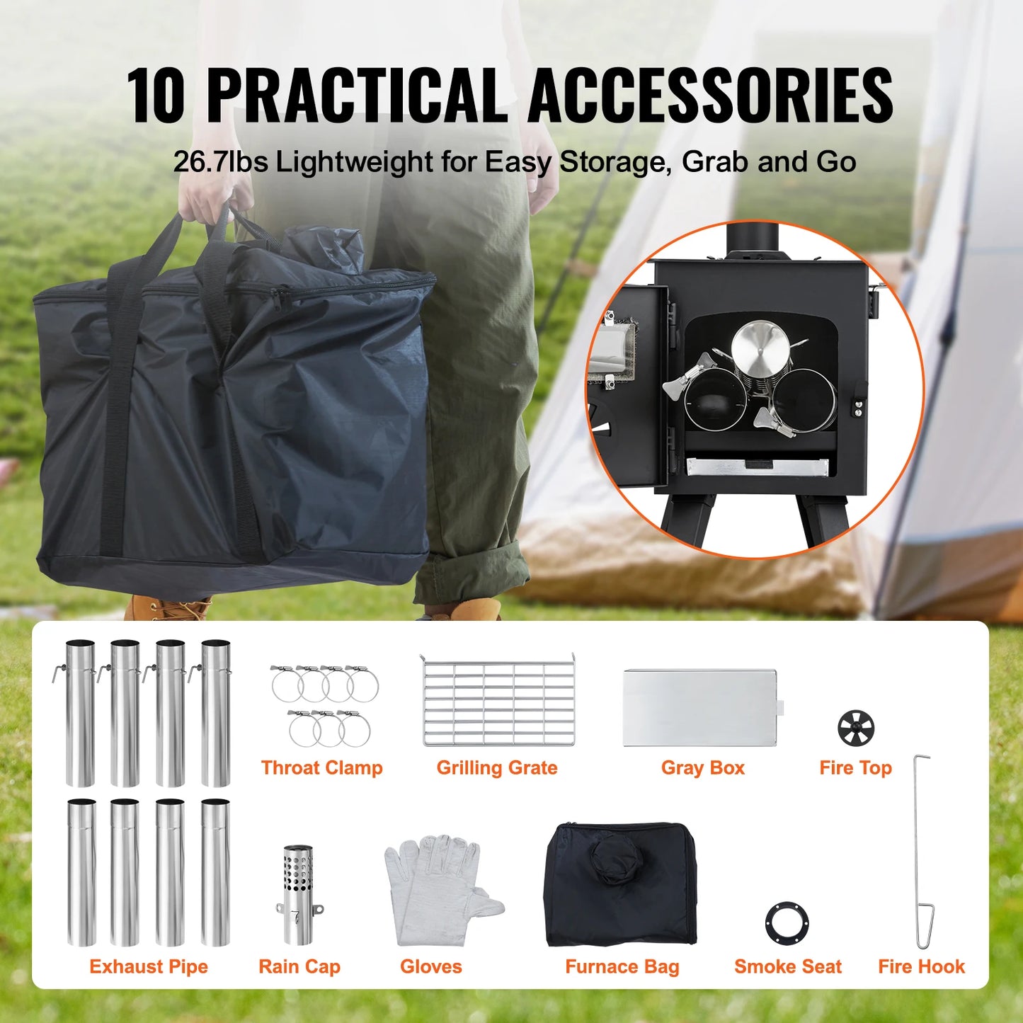 Wood Stove 86in Alloy Steel Camping Tent Stove, Portable Wood Burning Stove with Chimney Pipes & Gloves
