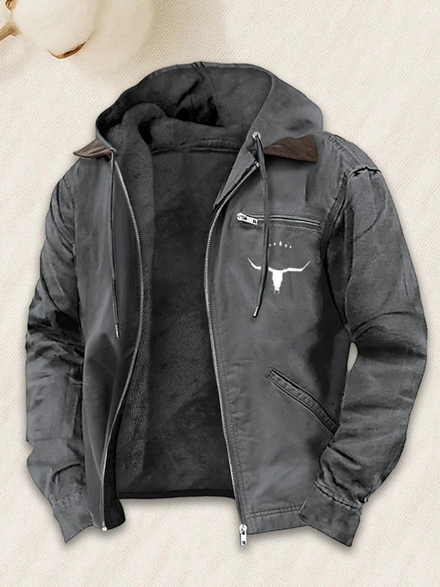 Men s Hooded Zip-Up Jacket with Bull Head Design Long Sleeves and Pockets - Stylish Outwear for Men