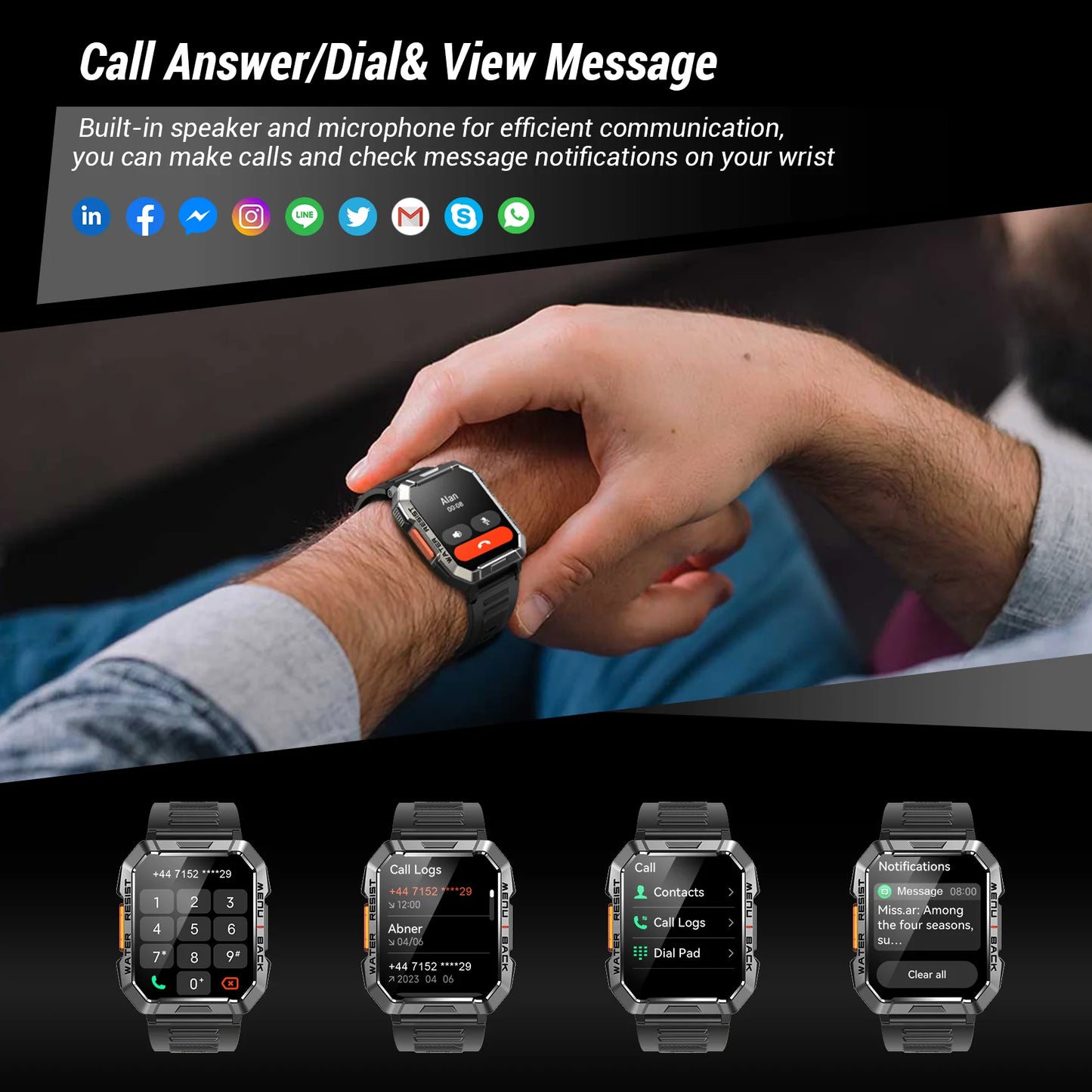 Smart Watch 2.01'' HD Display Outdoor Men's Watches with Emergency Lighting Bluetooth Call Waterproof Smartwatch