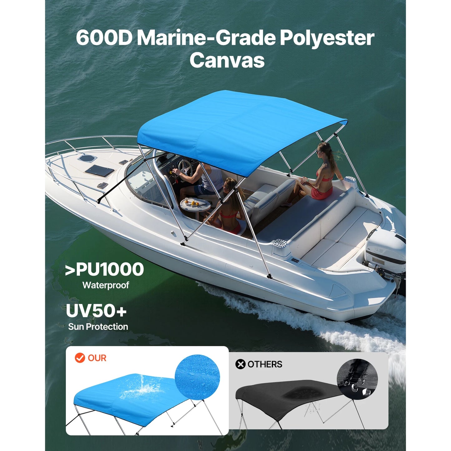 3 Bow Boat Bimini Tops, 600D Polyester Canopy with Aluminum Alloy Frame, Waterproof & Sun Shade Awning Canopy Fit for Boat