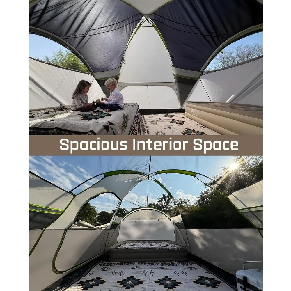 8 Person Larger Extended Dome Camping Tent with 3 Rooms, Waterproof Semi-Freestanding Family Outdoor Tent with Spacious Interior