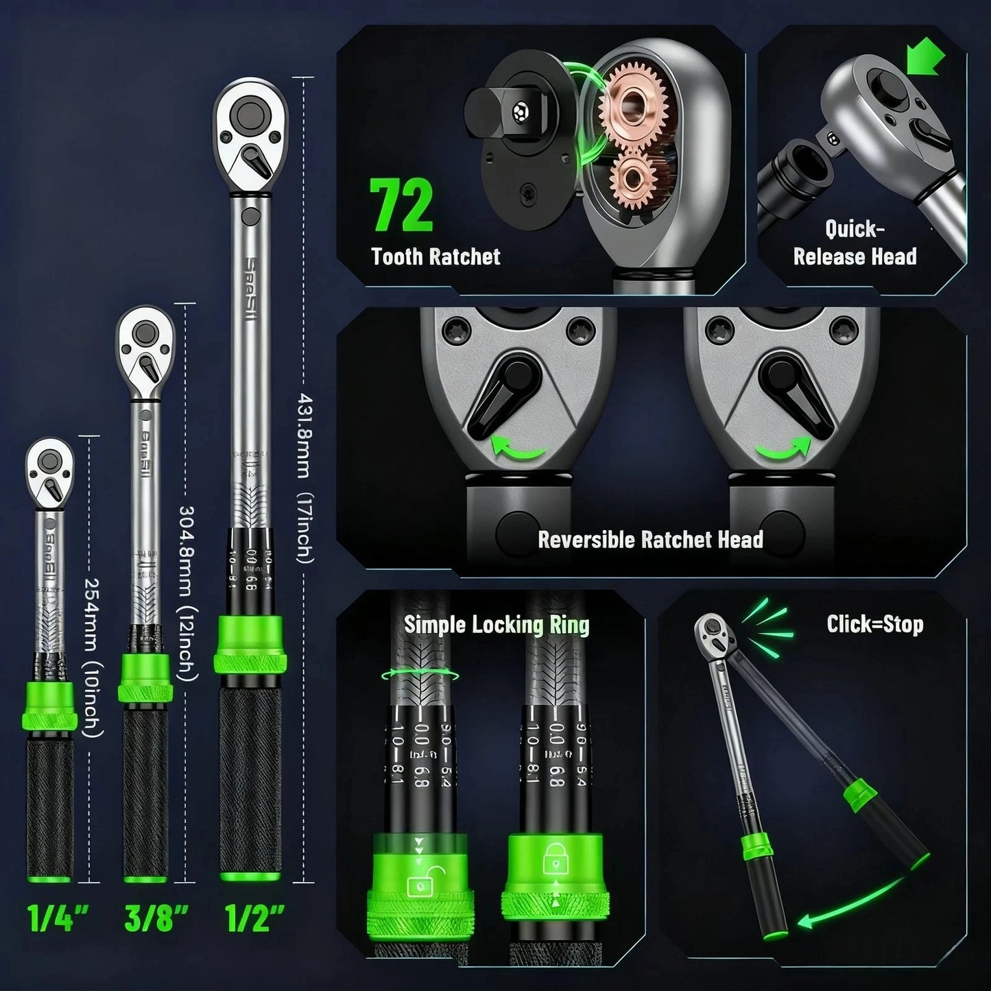 1/4" 3/8" &1/2" Drive Click Torque Wrench Kit 8pcs 72 Tooth Dual Scale Ratchet Wrench
