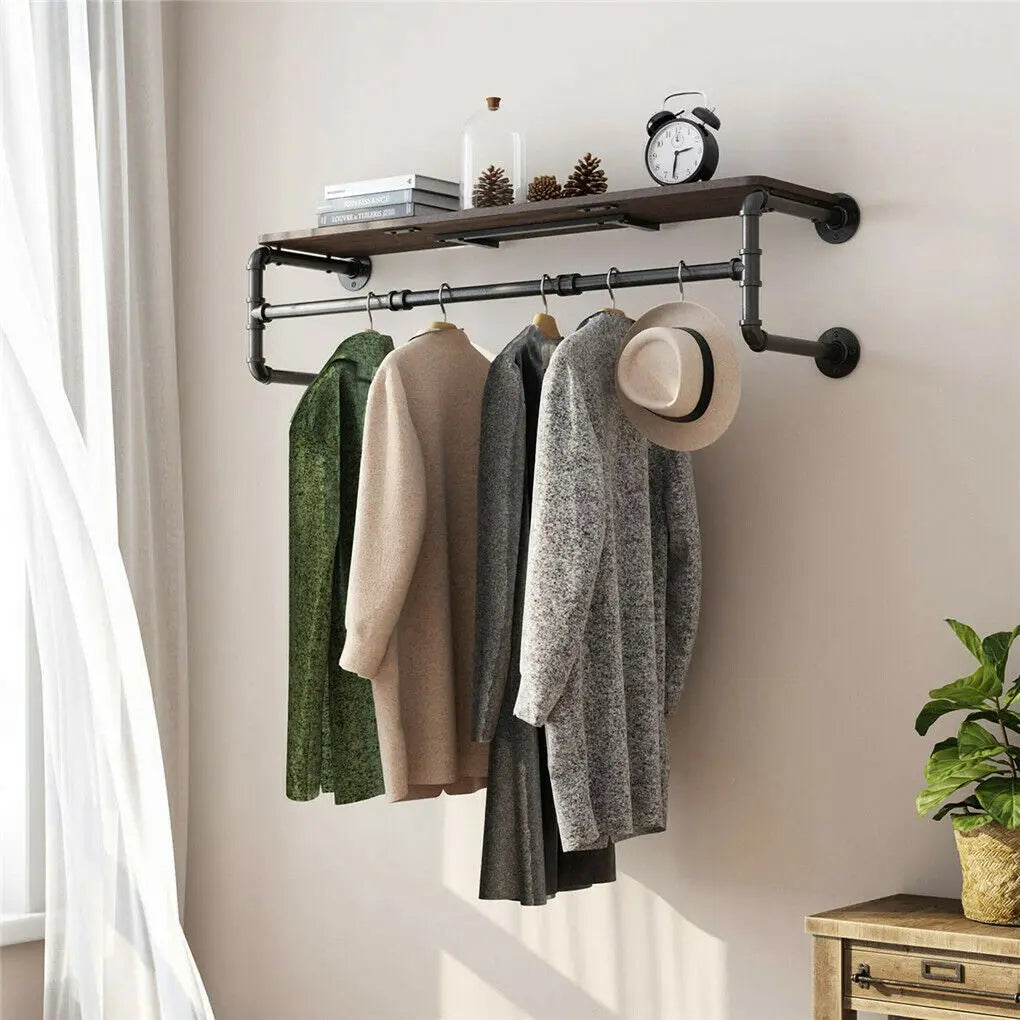 Industrial Pipe Clothing Rack, Wall Mounted  Pipe Shelving with wooden top shelf