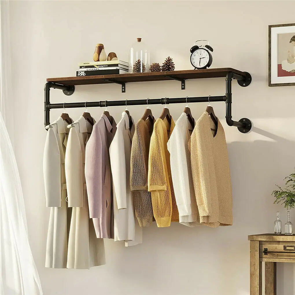 Industrial Pipe Clothing Rack, Wall Mounted  Pipe Shelving with wooden top shelf