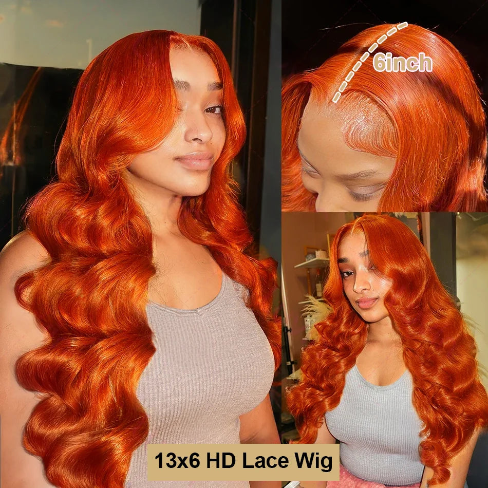 Orange Ginger Lace Front Wig, Human Hair Body Wave 13x6 HD Lace Frontal Wig Colored Brazilian Hair, Transparent Lace Wig