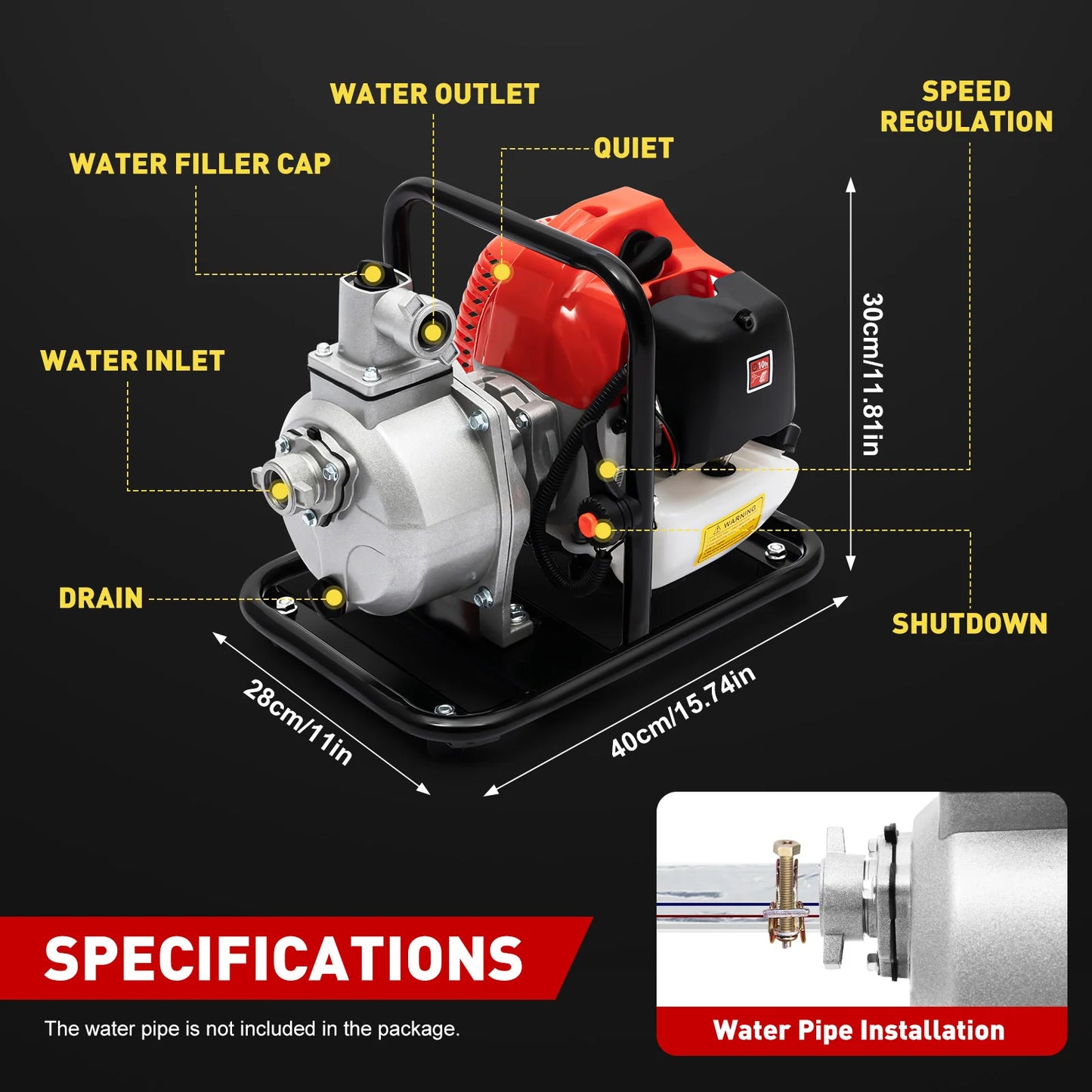 Gasoline Water Pump 2-Stroke Portable Gasoline Engine, Powerful Water Transfer Pump 26.25ft Suction