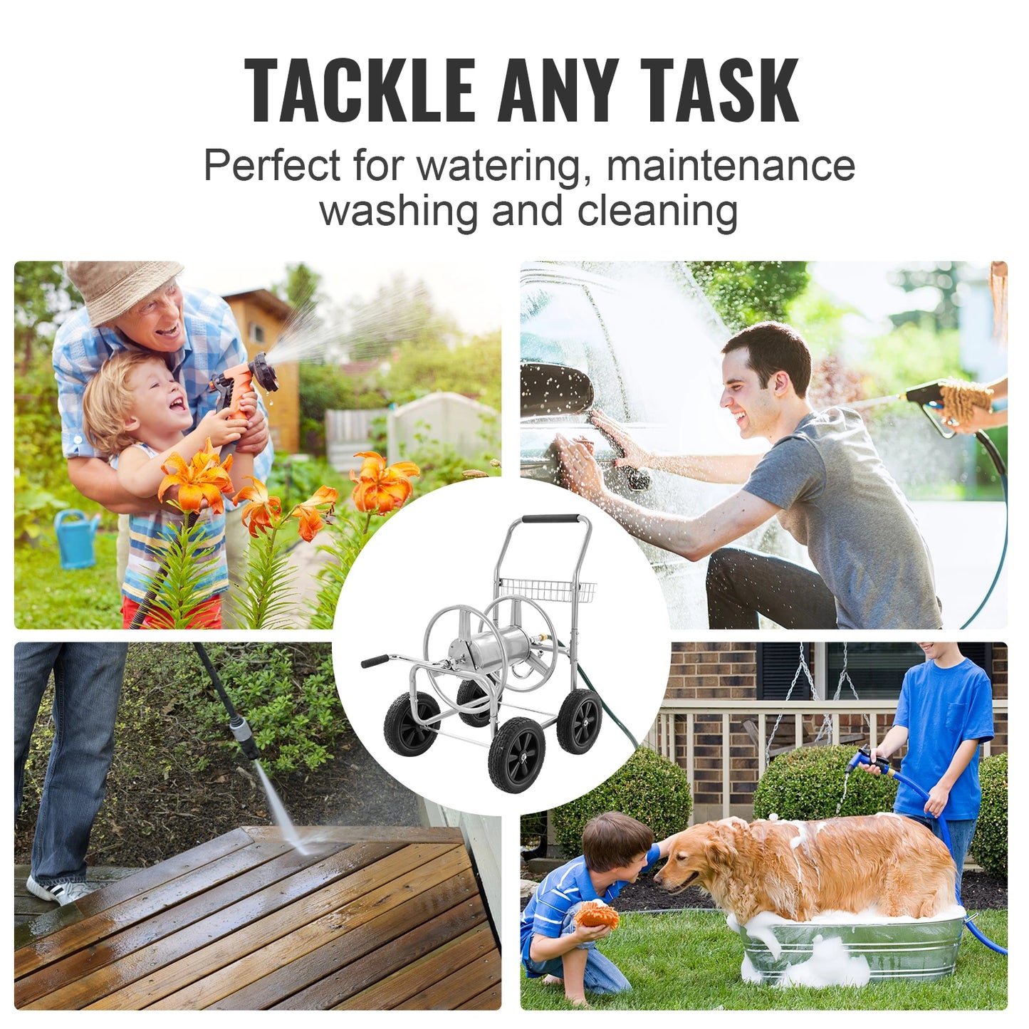 Hose Reel Cart 250ft Heavy Duty Garden, Yard Planting, W/ Basket. Effortless Roll-up