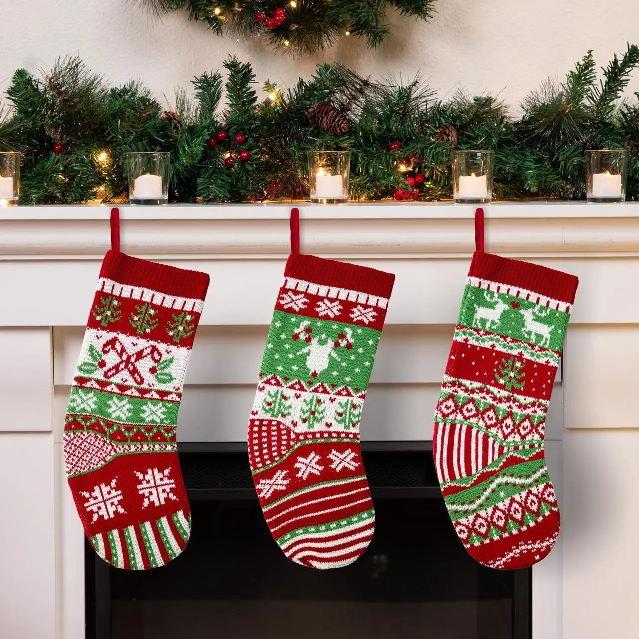 3 Pack 18” Christmas Stockings Large Size, Rustic Cable Knit in Red & Green