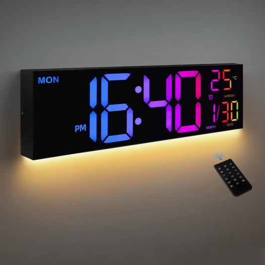 16" Large Digital Wall Clock, Big LED Display with Remote, 8 RGB Color, Alarm, Temperature