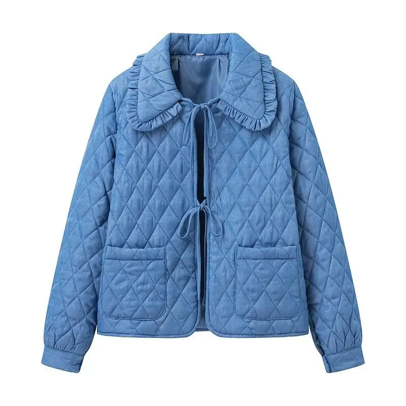 Women Lightweight Cotton Jacket, with pockets and Ruffled Doll Collar Lacing
