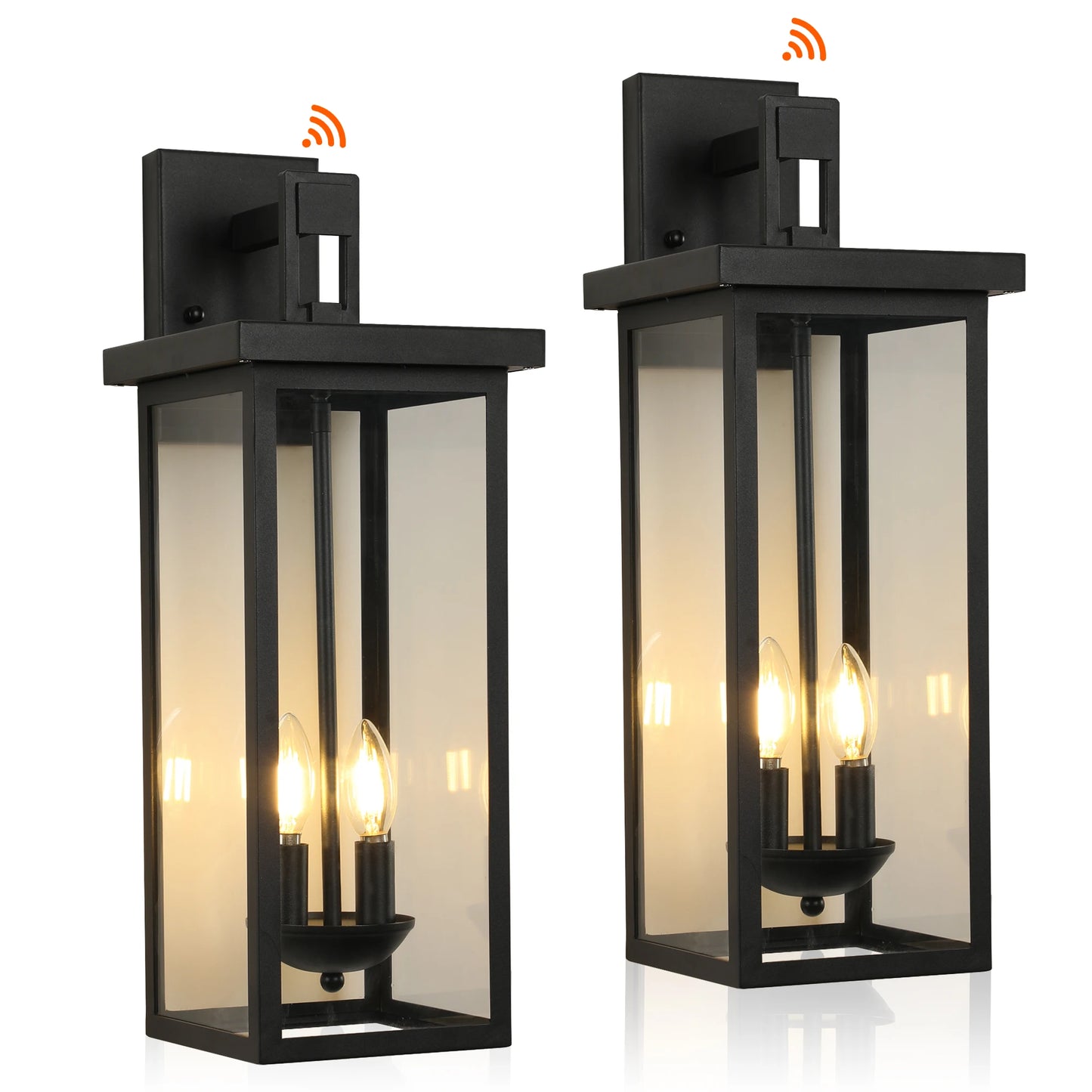 22"(H) Outdoor Wall Lantern with Dusk to Dawn Sensor. Matte Black Finish Clear Glass Panels, Weatherproof Exterior Light