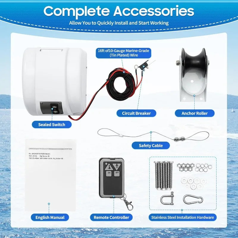 12V Electric Boat Anchor Winch with Remote Control for Anchor 45LB Automatic Anchor Winch with 100Ft Anchor Rope for Boats