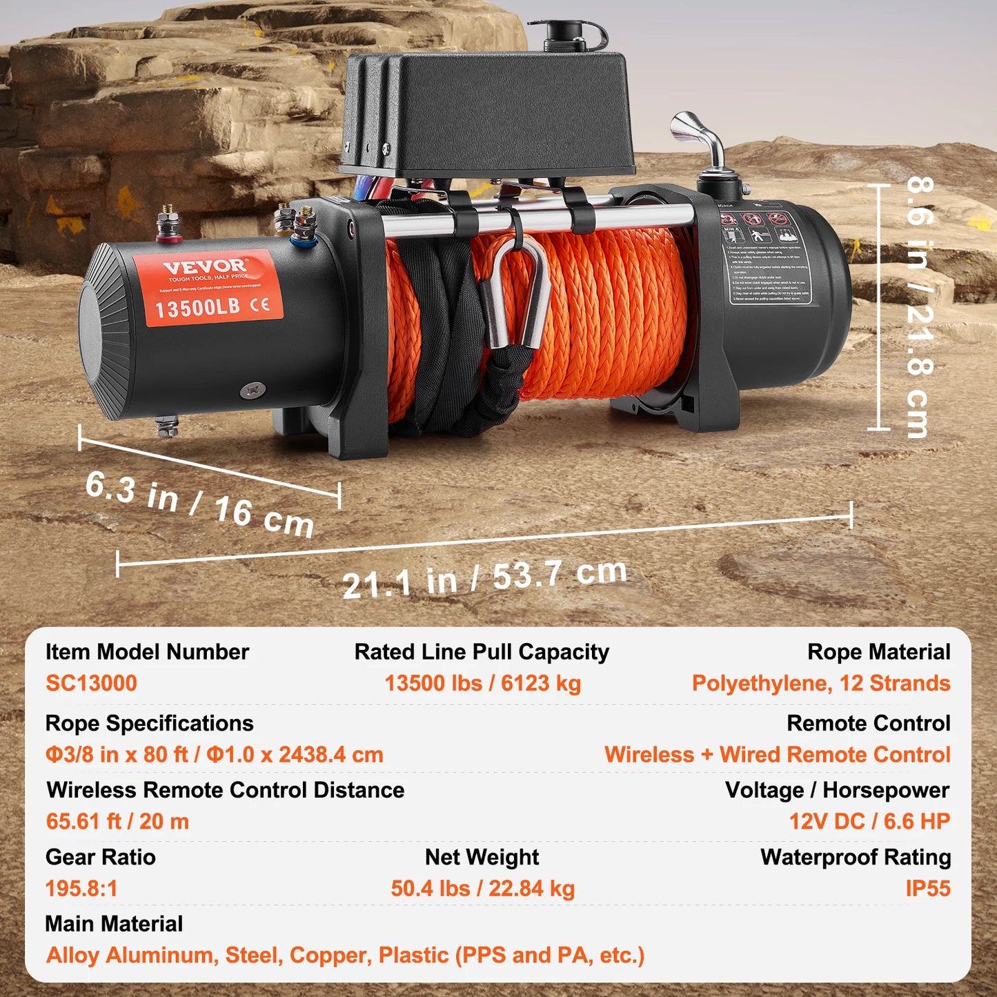 13500lbs Electric Winch, Car Truck Winch with 80ft Synthetic Rope Wireless & Wired Remote Control for Towing Off-Road