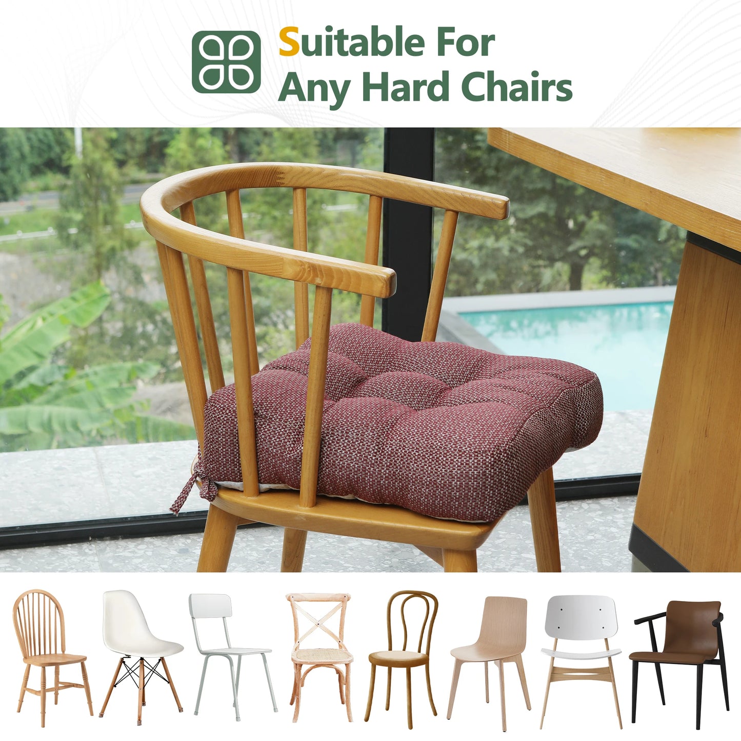 Chair Cushions for Dining Chairs 2 Pack - Olefin Thickened 2" Kitchen Chair Pads with Ties and Non-Slip Backing