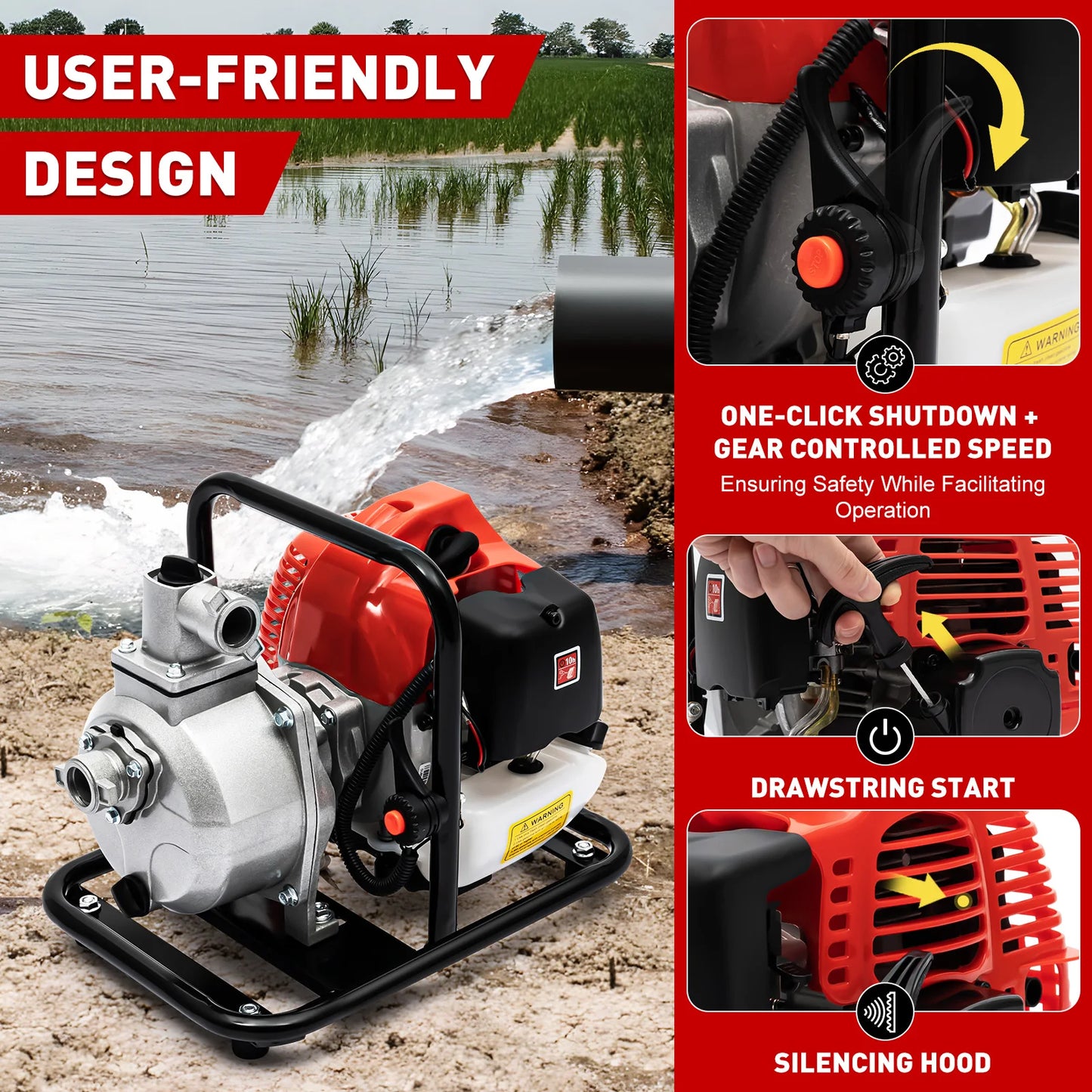 Gasoline Water Pump 2-Stroke Portable Gasoline Engine, Powerful Water Transfer Pump 26.25ft Suction