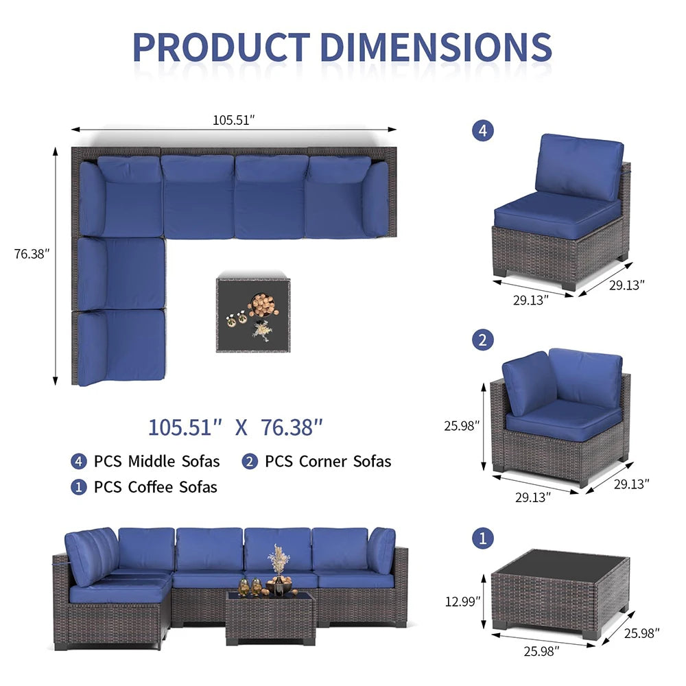 7-Piece Sectional Patio Set, Wicker Outdoor Sofa With Cushions & Glass Coffee Table