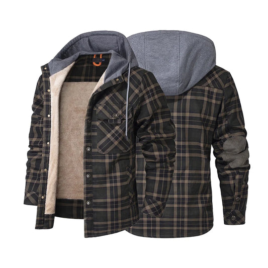 Men's Jackets Winter Hooded Warm Plaid Work Flannel Snap Sherpa Lined
