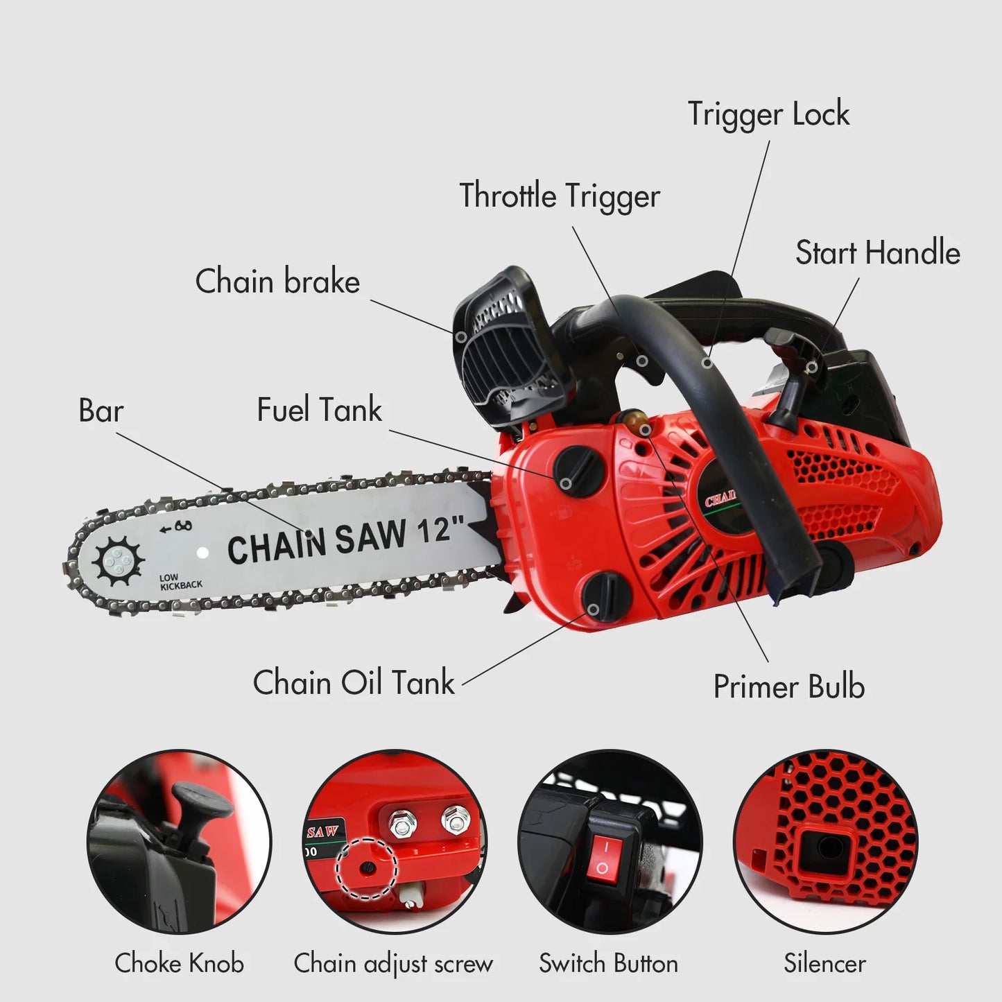 12 Inch Cordless Chainsaw, Gasoline, Lightweight Portable Electric, 1000W 25.4 CC Woodworking for Tree Wood Branch Cutting Farm