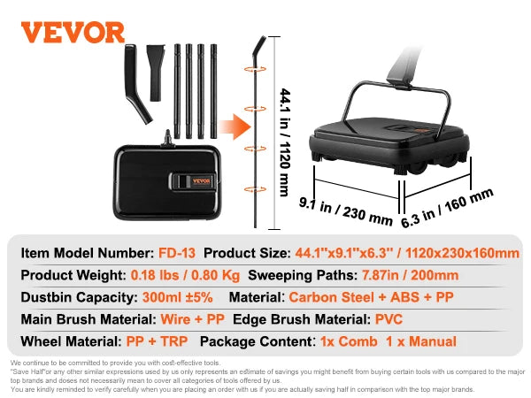 Manual Carpet Sweeper, 7.87 in Sweeping Paths 300ml Dustbin Capacity w/ Comb for Home Rugs, Hardwood Surfaces, Wood Floors