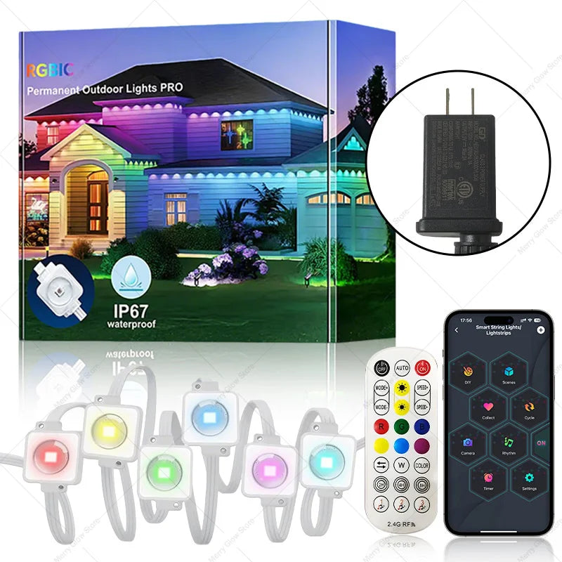 150FT 90LEDs Permanent Outdoor Eave Lights. Smart RGBIC LED Light App Control, Music Sync Timer. Party, Holiday, Decoration, Alexa