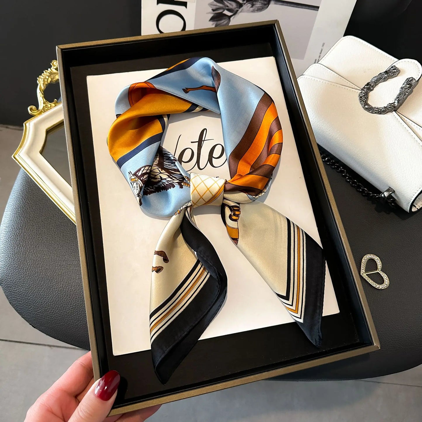 Luxury Brand Women, Men Print Square Scarf. Soft Satin Silk-like, Small Neck Scarf Stylish Casual Headscarf