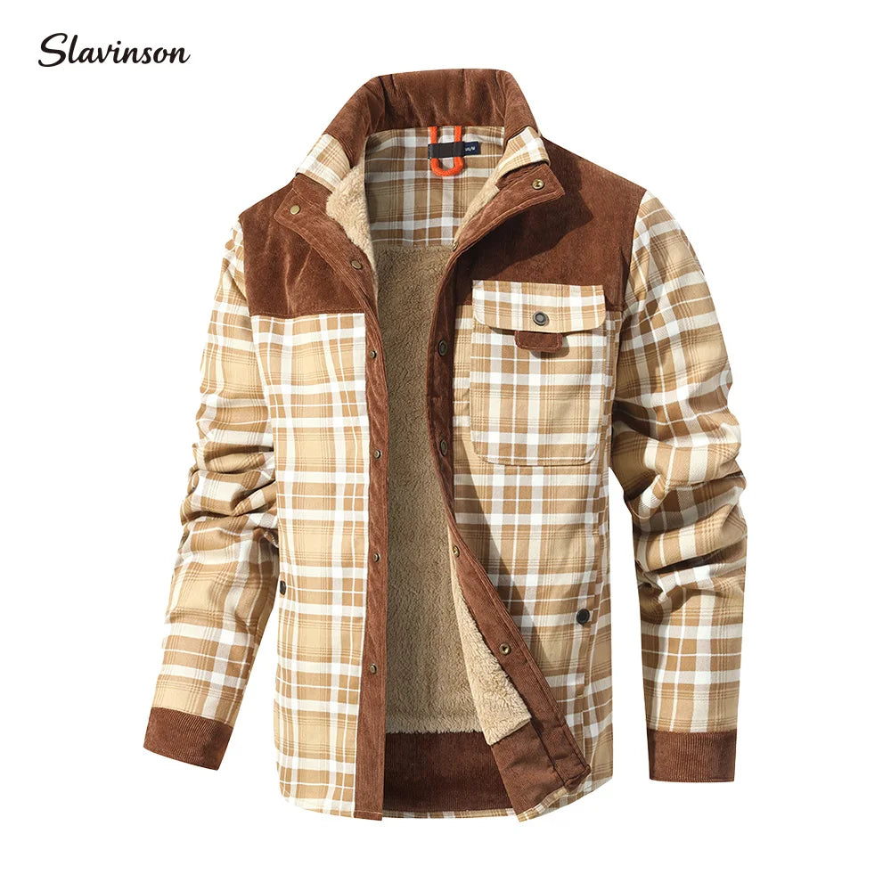 Men's Jacket Windproof Warm Casual Bomber Coat Plaid Sherpa Lined Flannel