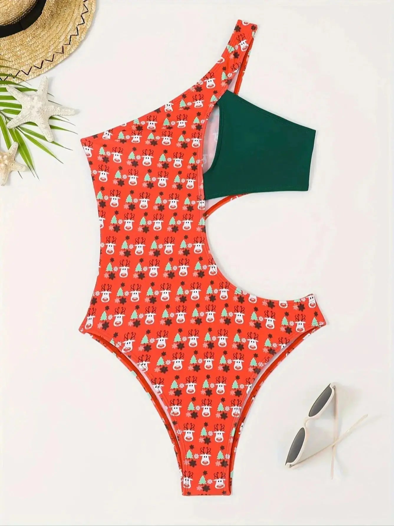 Women's one-piece swimming suit - asymmetrical shoulder design - Christmas-themed print