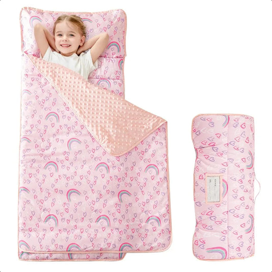 Toddler Nap Mat Girls Pink Rainbow Sleeping Bag with Pillow and Blanket