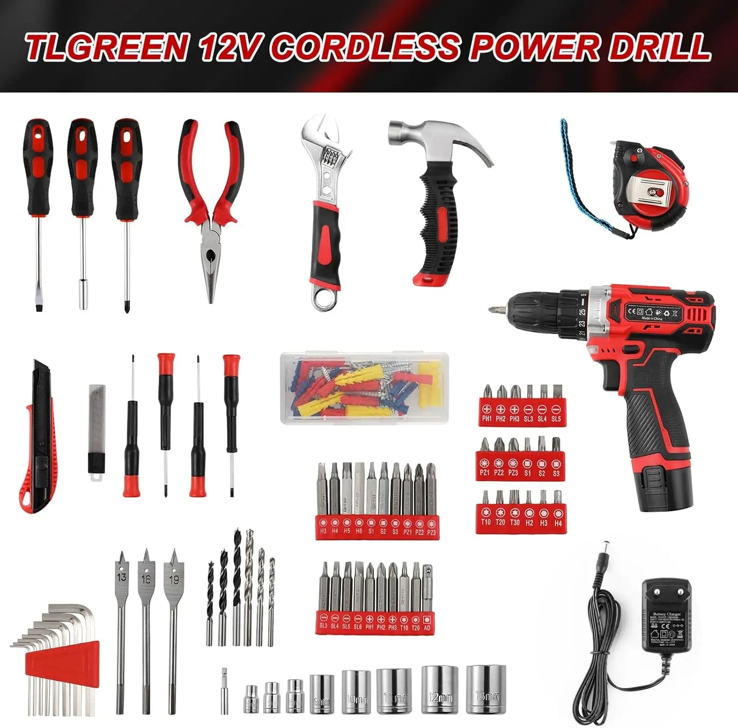 138 Pcs Power Tool Set with 12V Cordless Drill, Home DIY Repairs and Maintenance