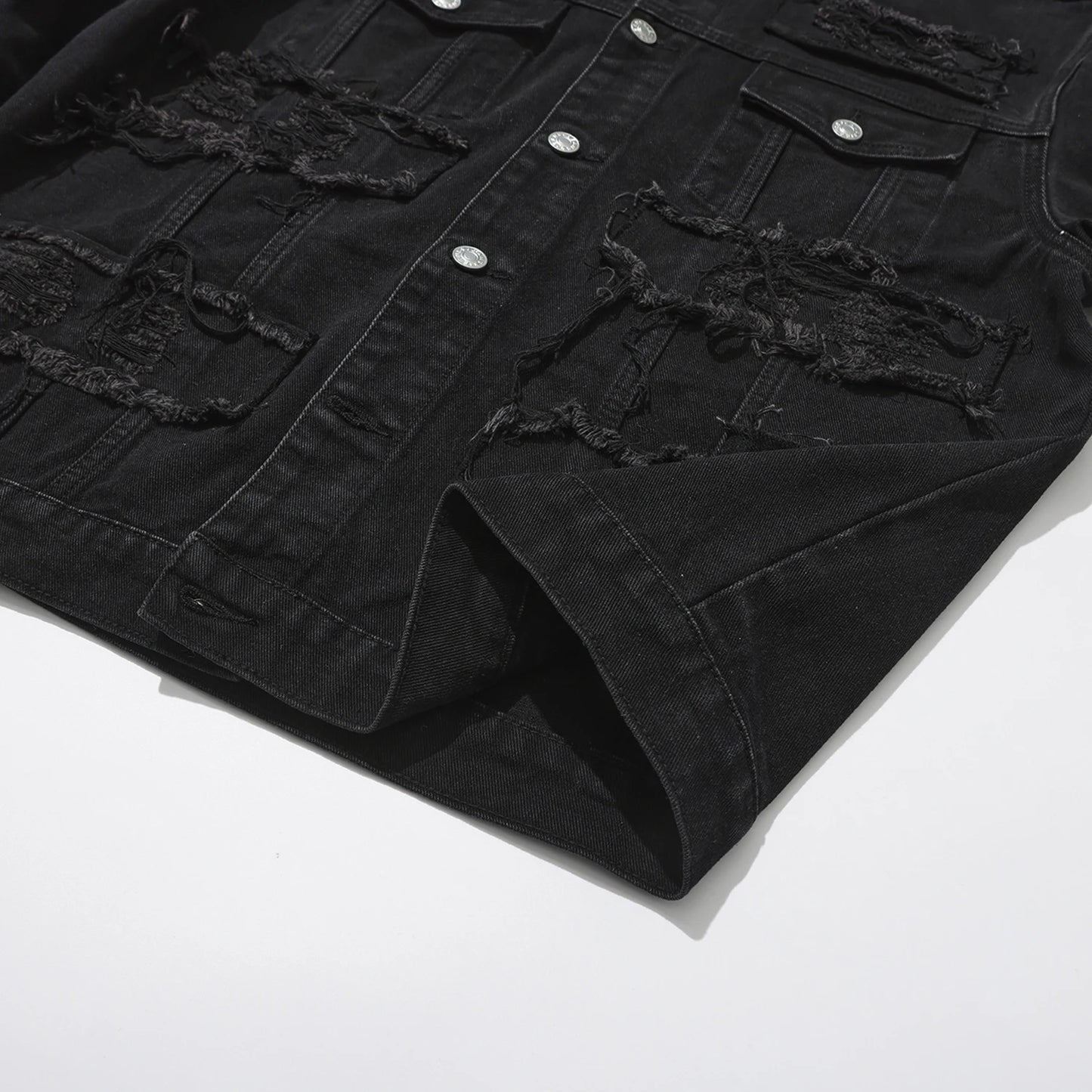 Men's Destroyed Jeans Jacket With Patchwork  Ripped Denim