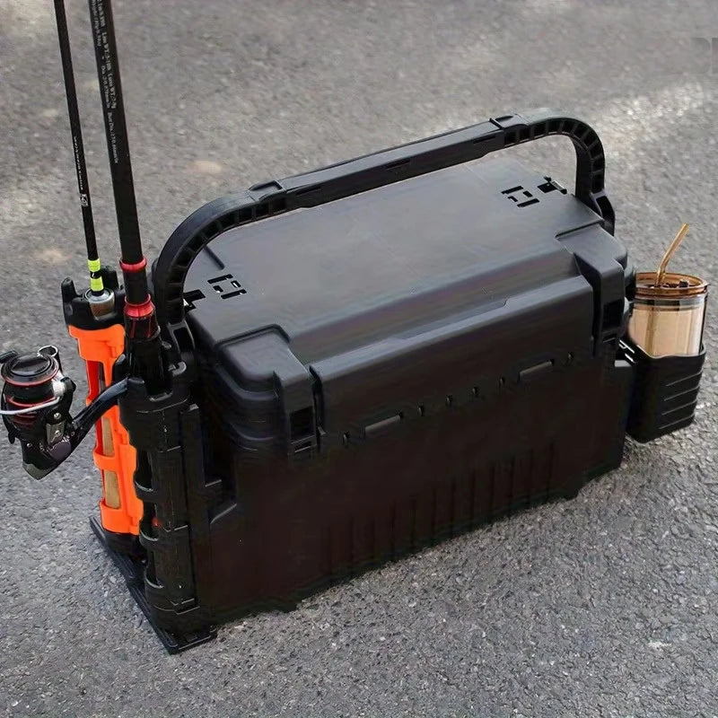Ackibbik 1pc Fishing Box Large 11L Fishing Bucket 2 Layer Fishing Tackle Storage with 2pcs Rod Holder and 2pcs Cup Holder