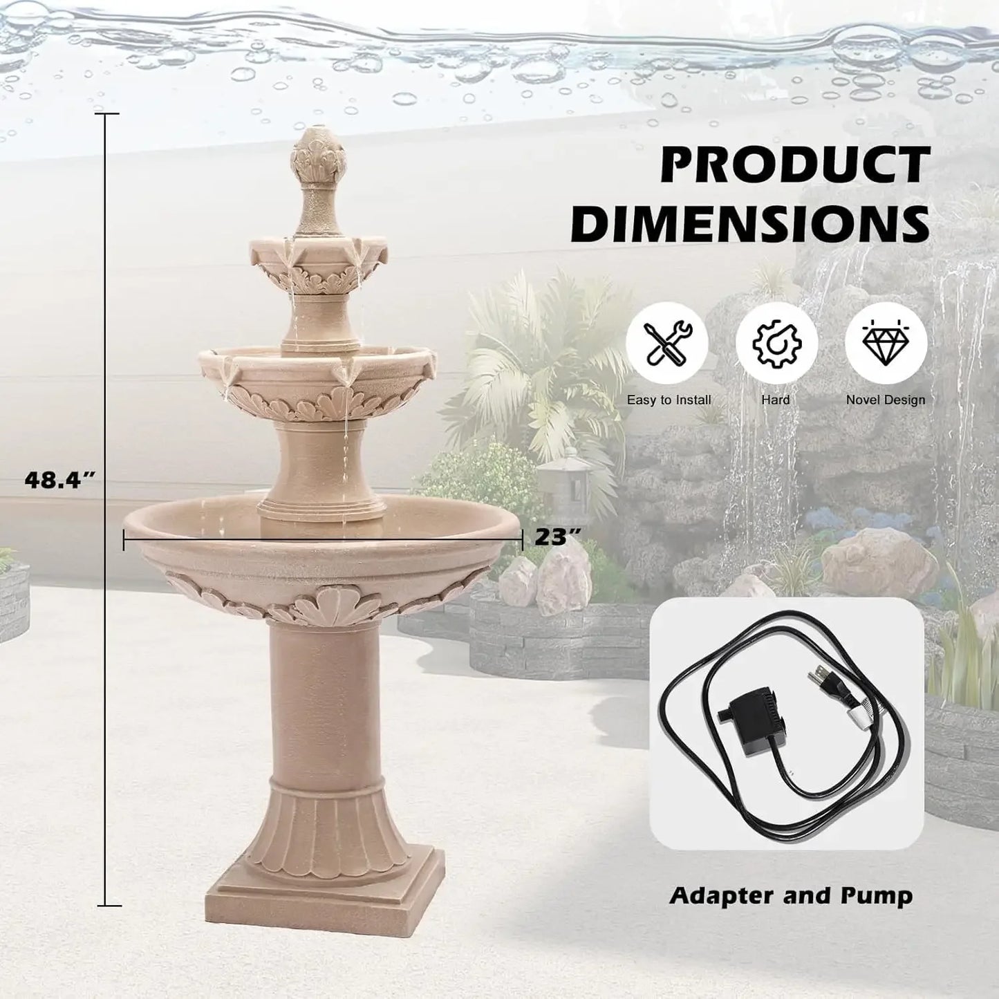 Outdoor Fountains and Waterfalls, 48.4" H Bubbler Floor Waterfall Fountain with Pineapple Top and Pump, 3 Tiered