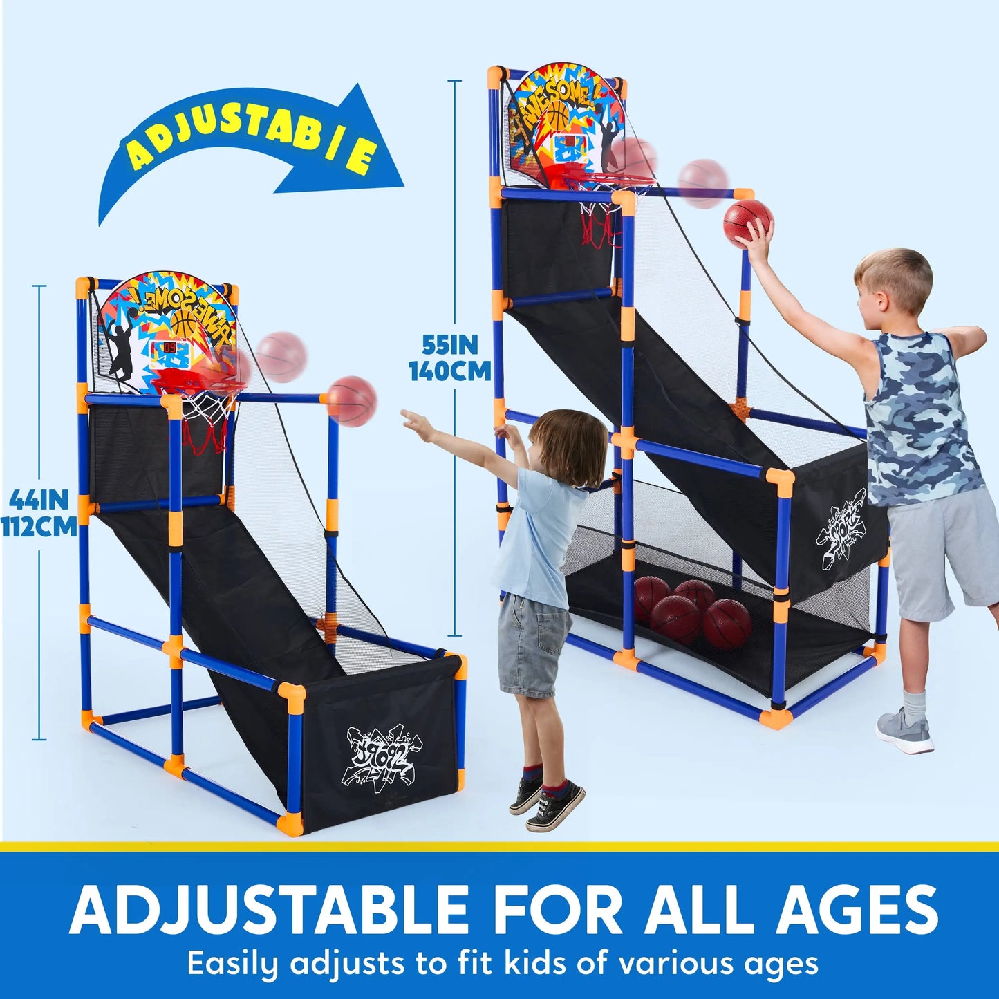 LED Scoring Arcade, Basketball Game with 4 Balls. Adjustable Height 44"-55"Basketball Stand Hoop Toy