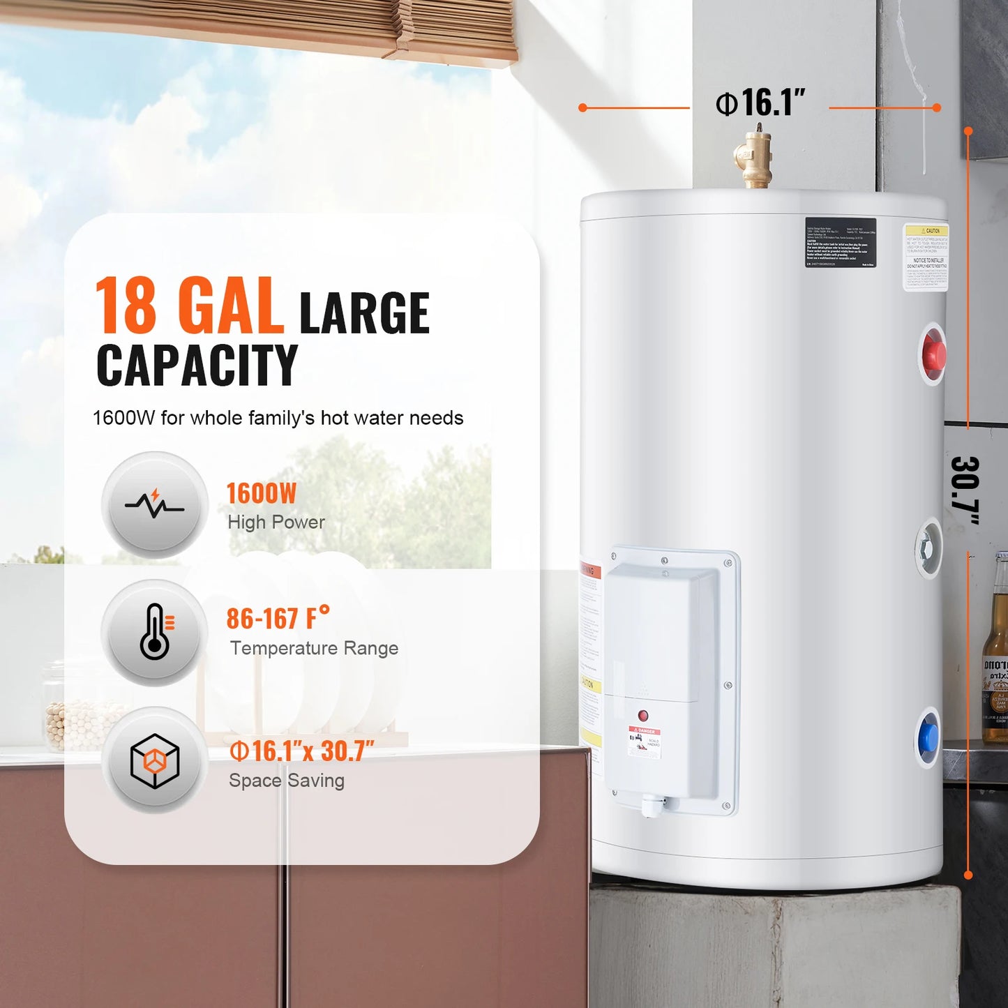 Electric Water Heater 40/70L Tank Instant Hot Water Heater 1.6Kw Tankless Water Heater w/ LED Display Knob Control