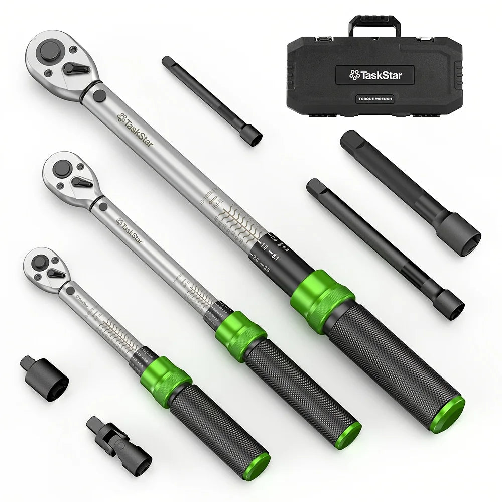 1/4" 3/8" &1/2" Drive Click Torque Wrench Kit 8pcs 72 Tooth Dual Scale Ratchet Wrench