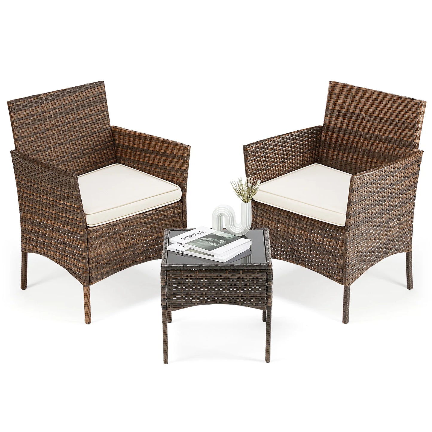 3 Piece Outdoor Patio Furniture Set,  2 Manual Weaving Wicker Rattan Patio Chairs with Soft Cushion and Glass Table