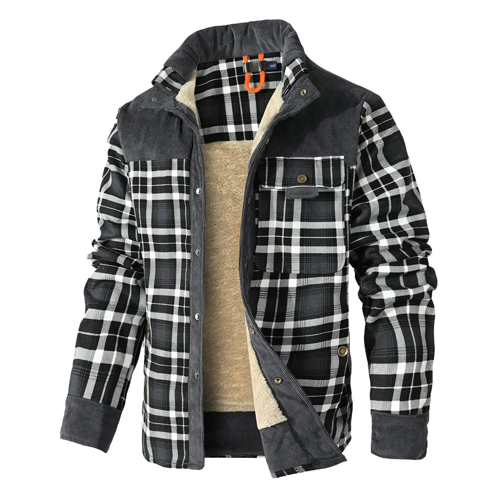 Men's Jacket Windproof Warm Casual Bomber Coat Plaid Sherpa Lined Flannel